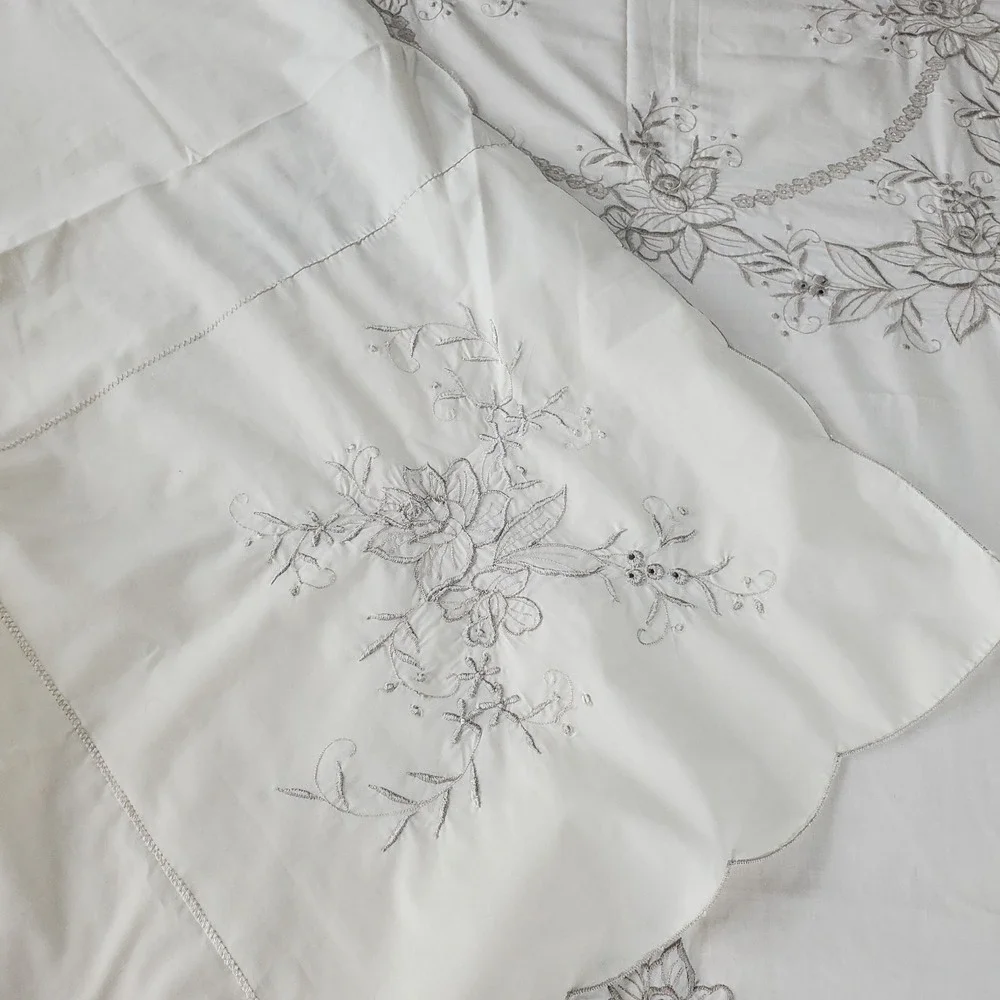 Embroided White Scalloped Edge Cotton Tablecloth Vtg‎ Masjien Embroid 80x84 Vtg